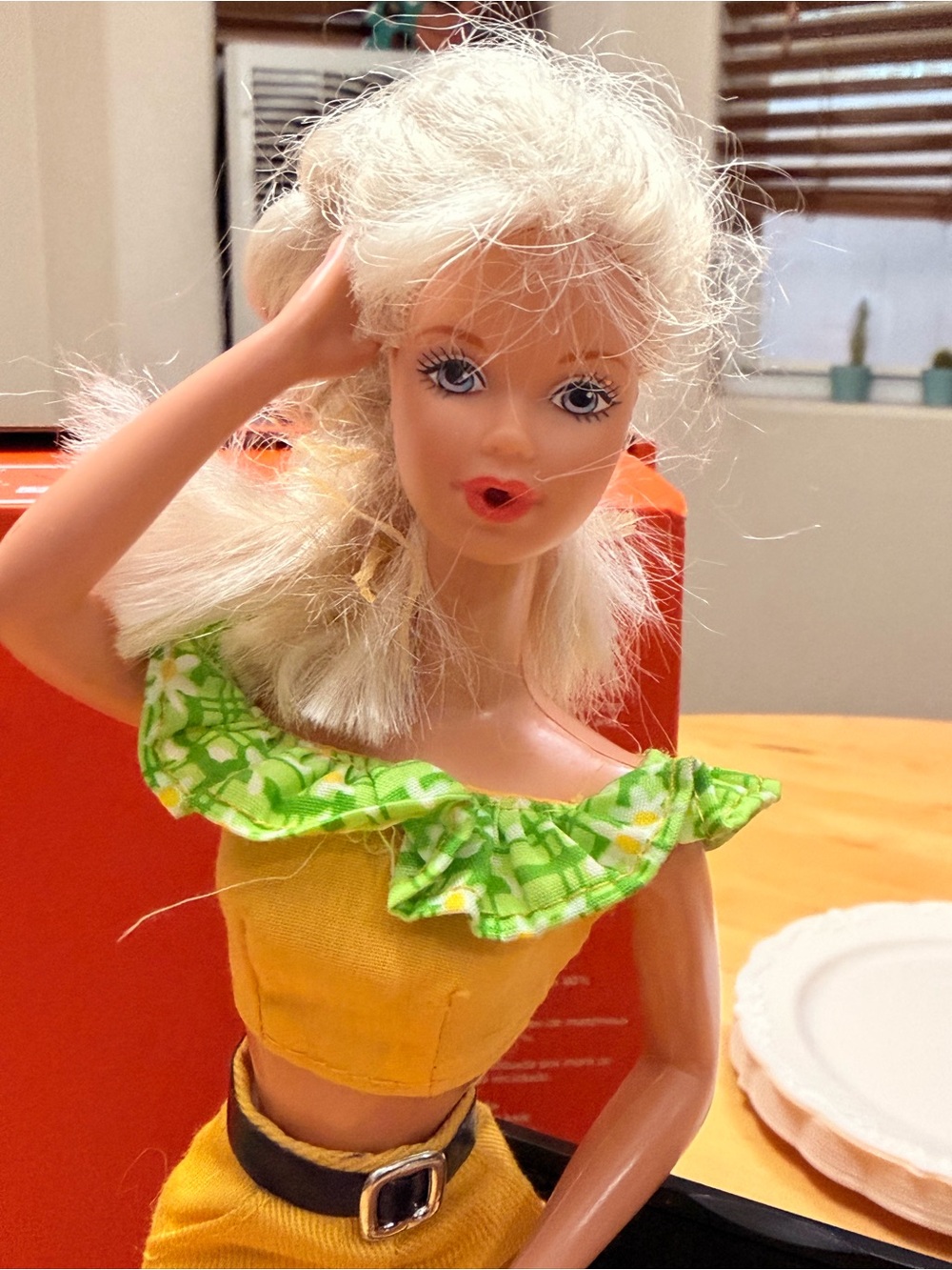 Mattel Blonde Doll Wig with Yellow Top and Green Ruffle